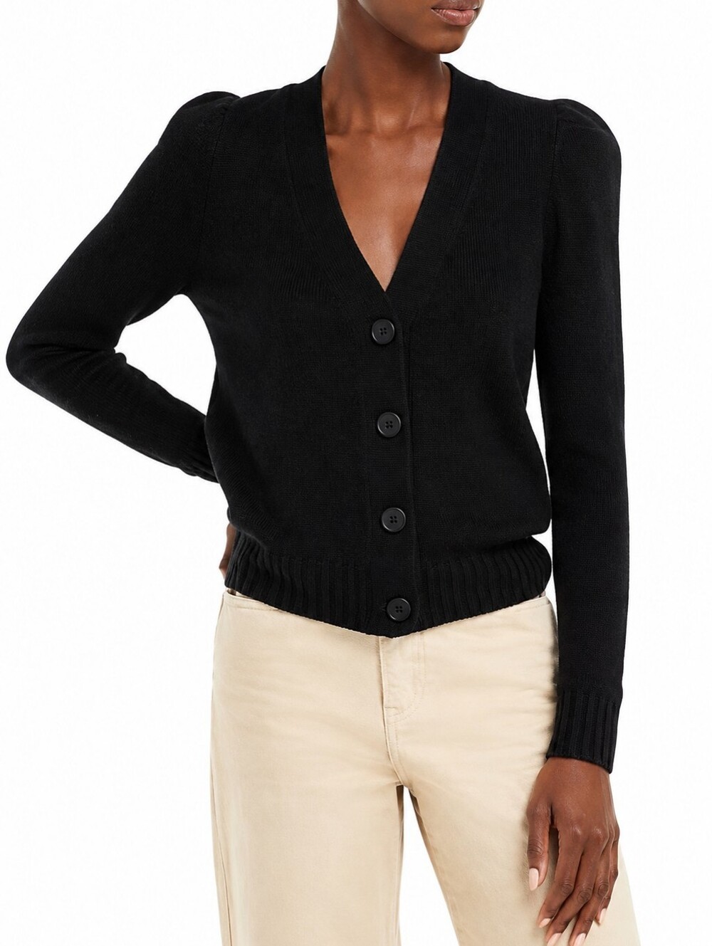 C by Bloomingdale's Black 100% Cashmere Button Cardigan Sweater S Puffy Sleeve